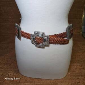 Vintage Braided Leather Concho Belt with Silver Heart & Cross Ornaments Size M